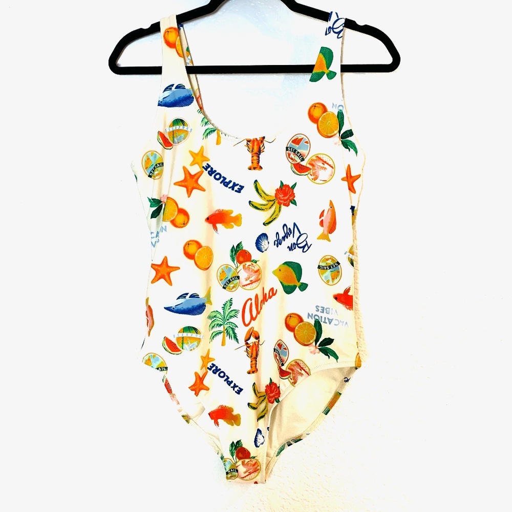 Old Navy One Piece Swimsuit Womens Large White Tropical Fish Fruit Print Coastal